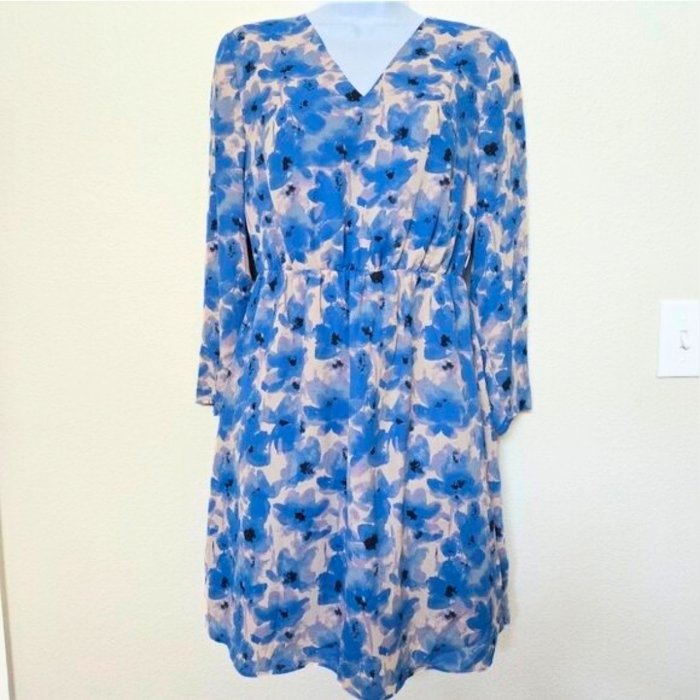 J. Crew Blue Floral V Neck Long Sleeve Cinched Waist Short Dress Size 00